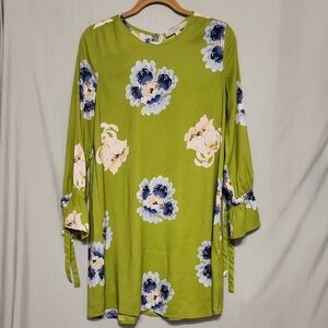 LOFT Green Floral Mini Dress with Tie Sleeves